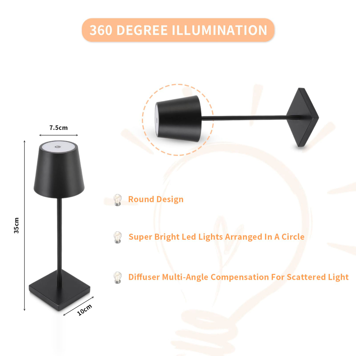اباجورة LED تاتش قابلة للشحن Type-C – 3 مستويات إضاءة